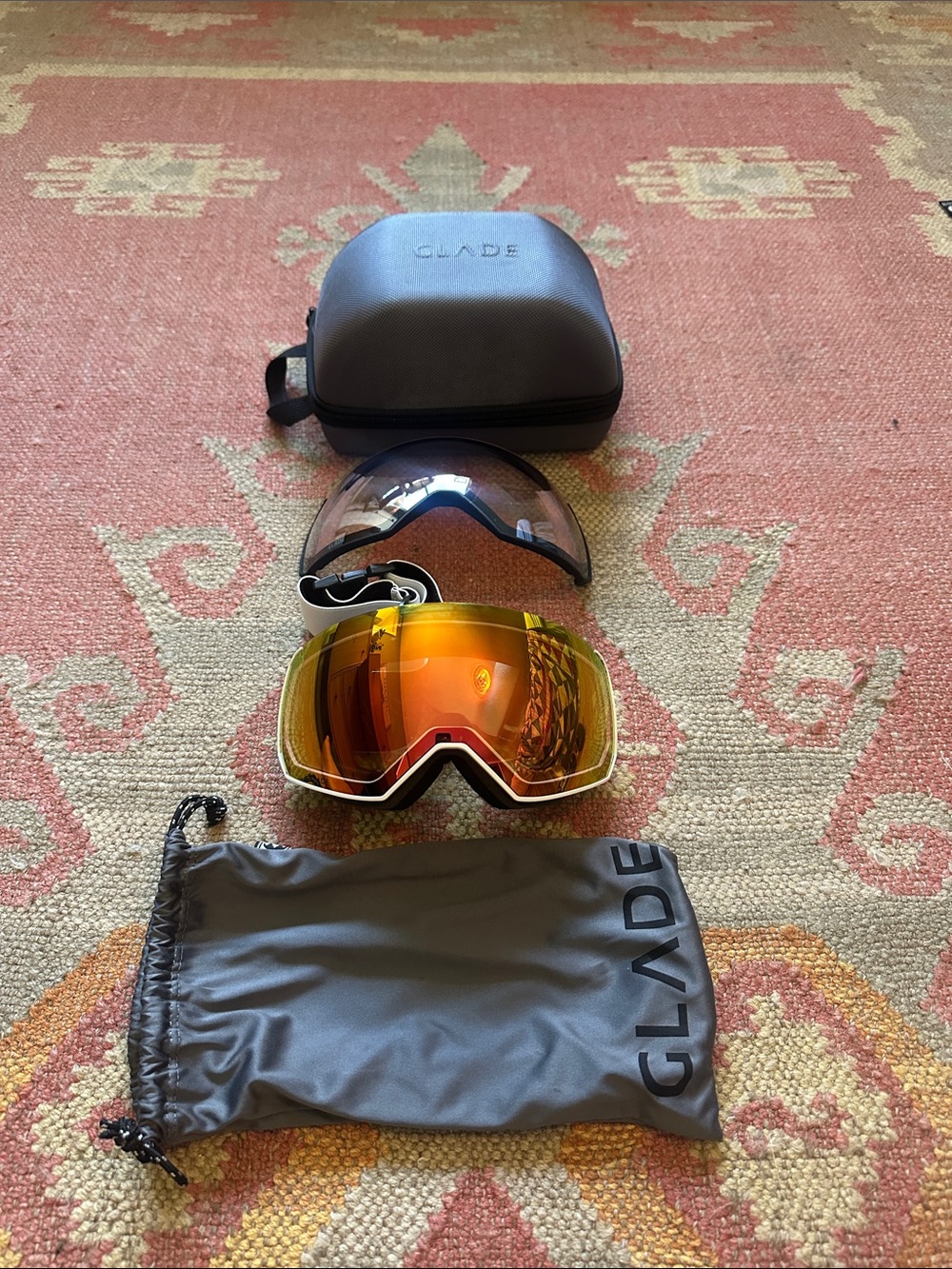Glade Orange Mirrored Ski Goggles with Gray Case and Black Pouch and low light